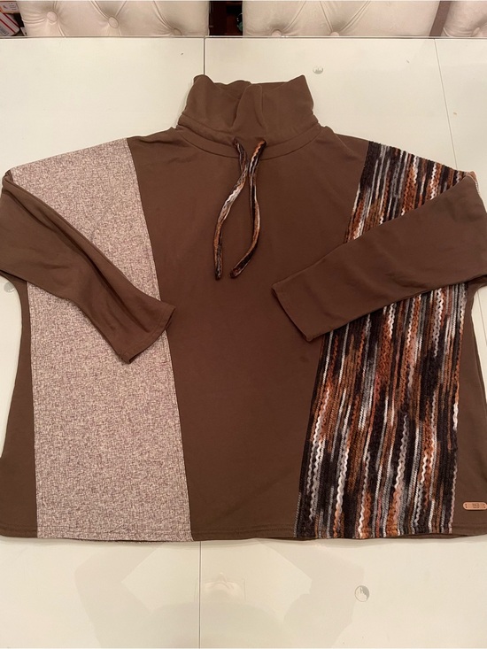 BKE Sweaters - BKE Brown Mixed-Panel Cowl Neck Sweater with Striped Accent